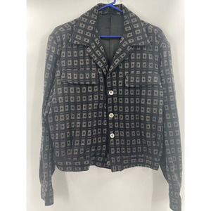 Mens Jacket Black Beige Geometric Button Flap Pockets Collared Wool Vintage XL